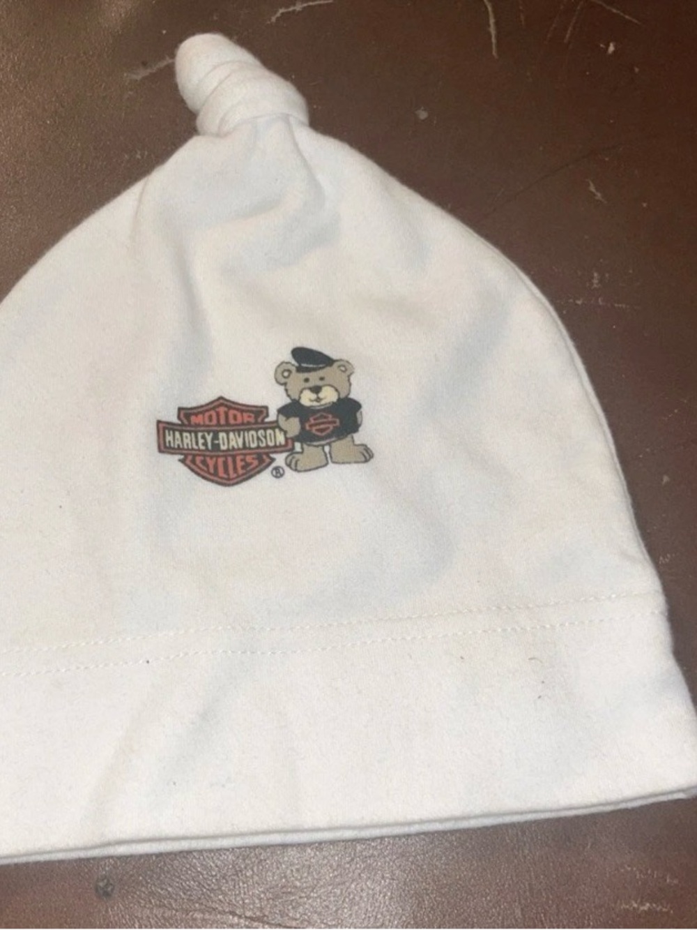 Vintage Harley-Davidson White Baby Knot Hat with Teddy Logo